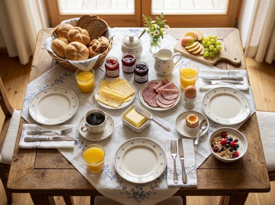 German-style Breakfast table with fresh bread and rolls