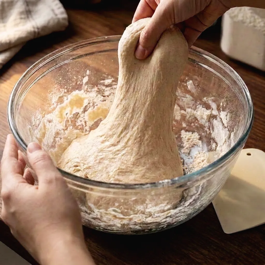 Dough gets stretched by hand in a glass bowl, natural light